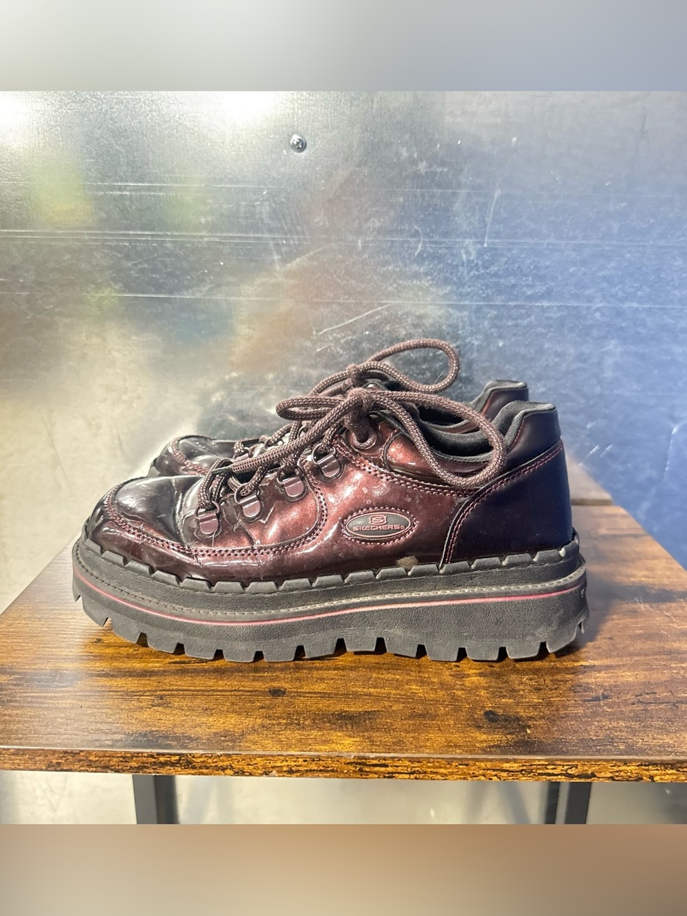 Skechers Jammers Cool Block shoes  metallic burgundy chunky platform Sz 7.5